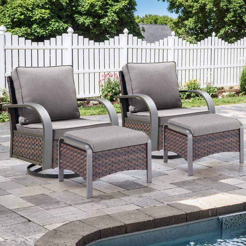 Outdoor Swivel Chair with Ottomans - Grey Cushion - Brown