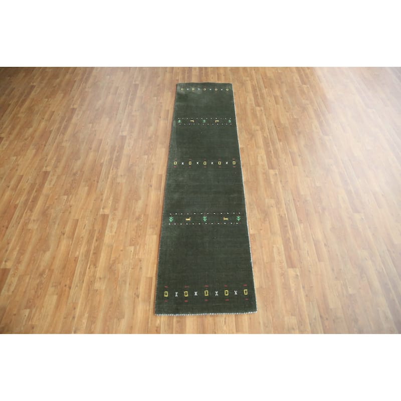 Animals Green Gabbeh Indian Runner Rug Hand-Knotted Wool Carpet - 2'4" x 9'2"
