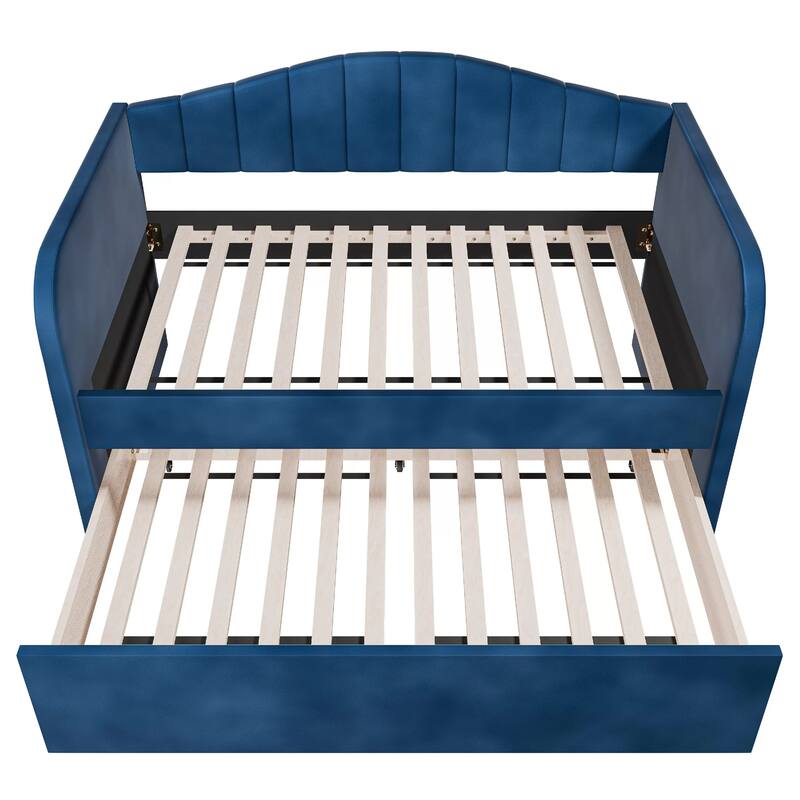 Keo Daybed with Pull Out Trundle, Channel Tufted Modern Blue Velvet