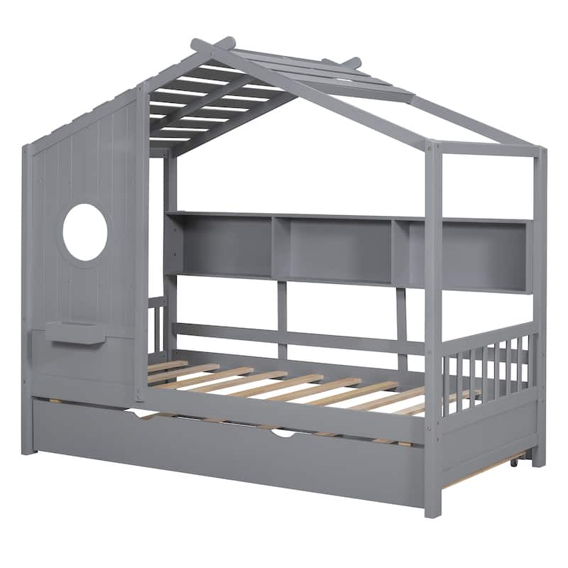 Wooden Twin Size House Bed With Trundle