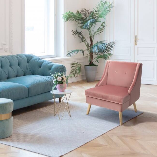 Velvet Wingback Armchair with Rubber Wood Legs-Pink - 27.5" x 31.5" x 33.5"(L x W x H)