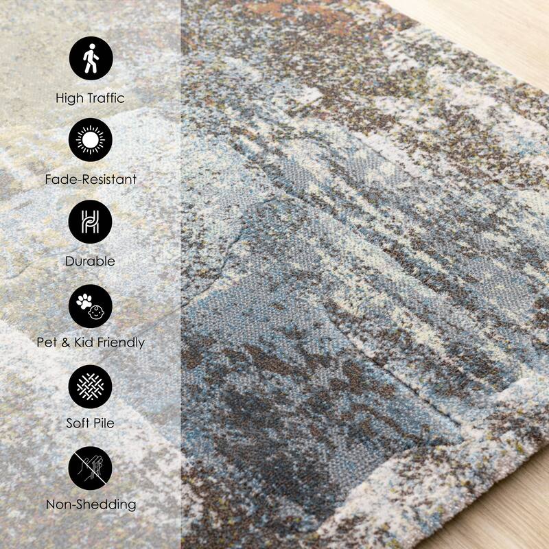 Grey Blue Green Pink Distressed Area Rug