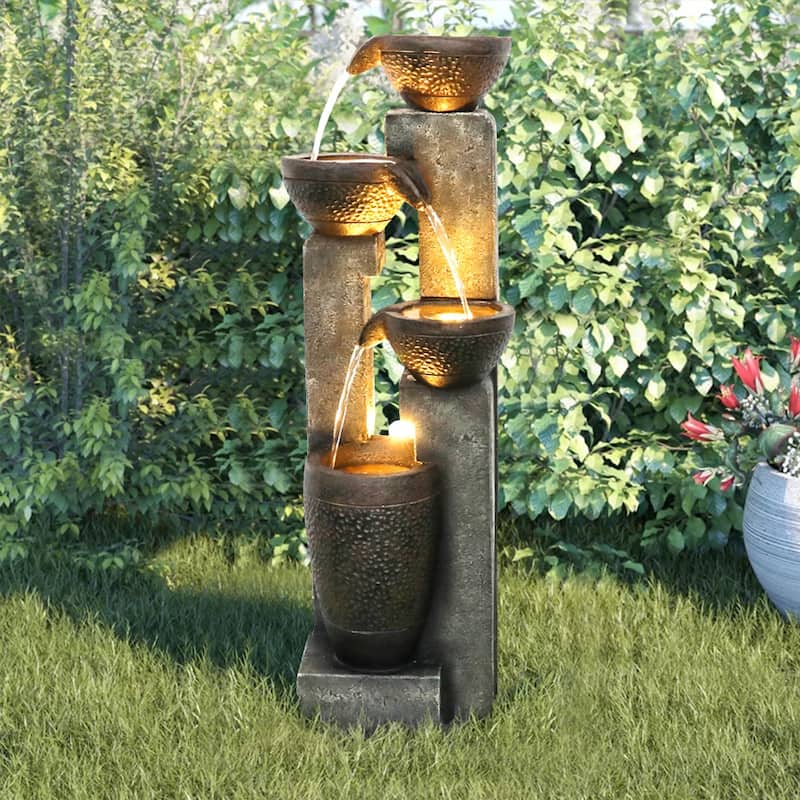 40'' H Outdoor Water Fountain with Lights, 4-Tier Resin Fountain