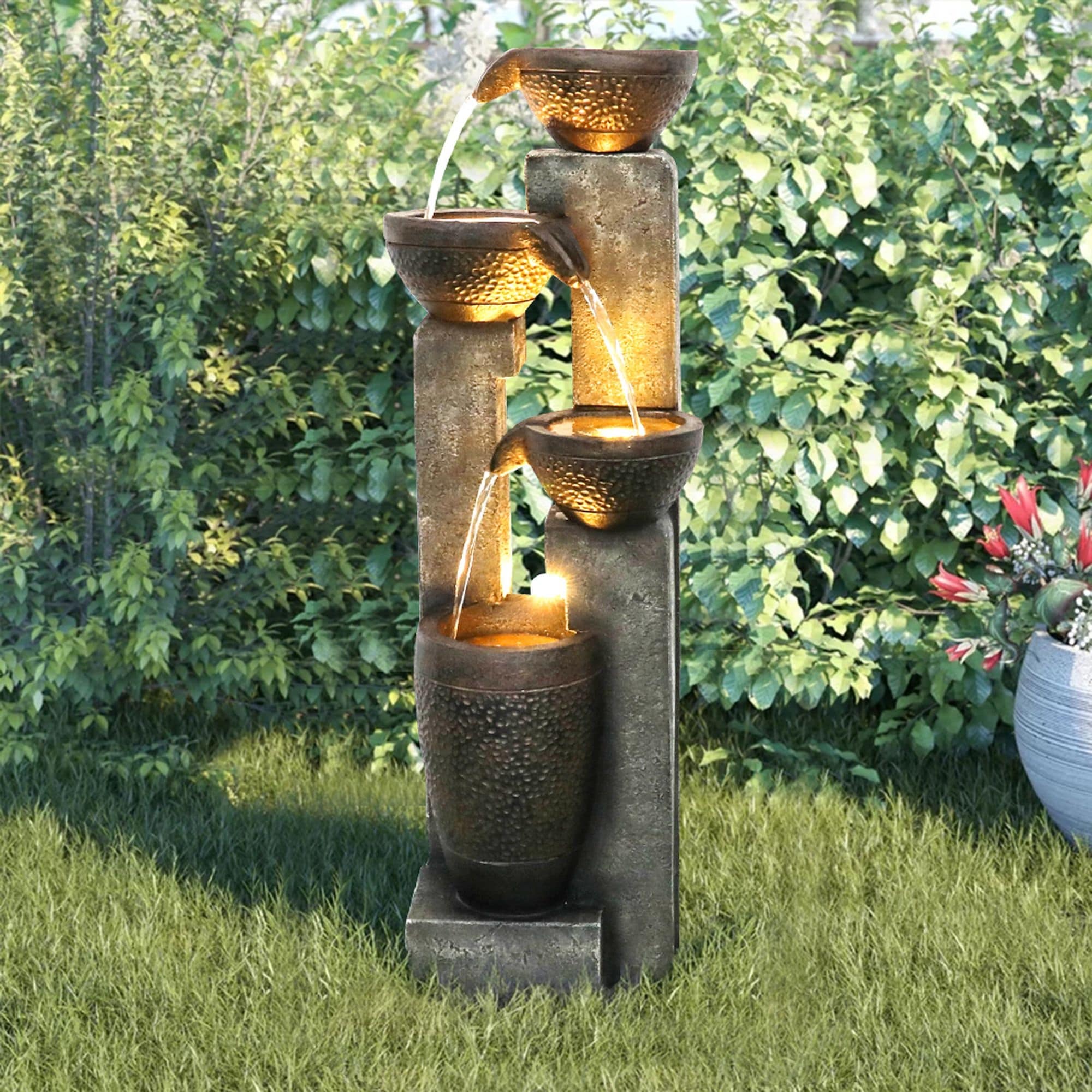 40'' H Outdoor Water Fountain with Lights, 4-Tier Resin Fountain