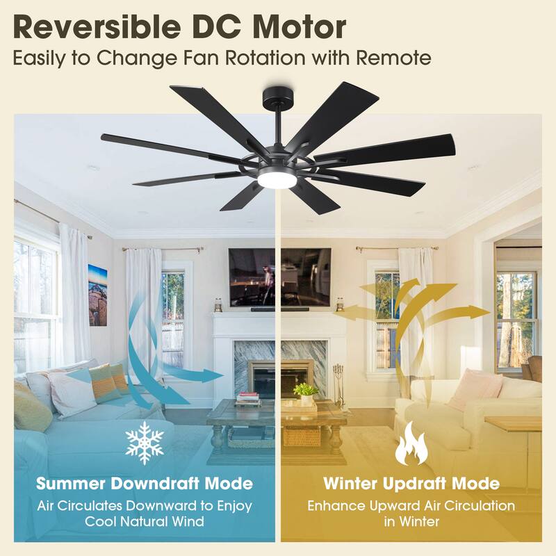 60" Matte Black Large Windmill Farmhouse Integrated LED Ceiling Fan with Light and Remote - 60"Wx12.8"H