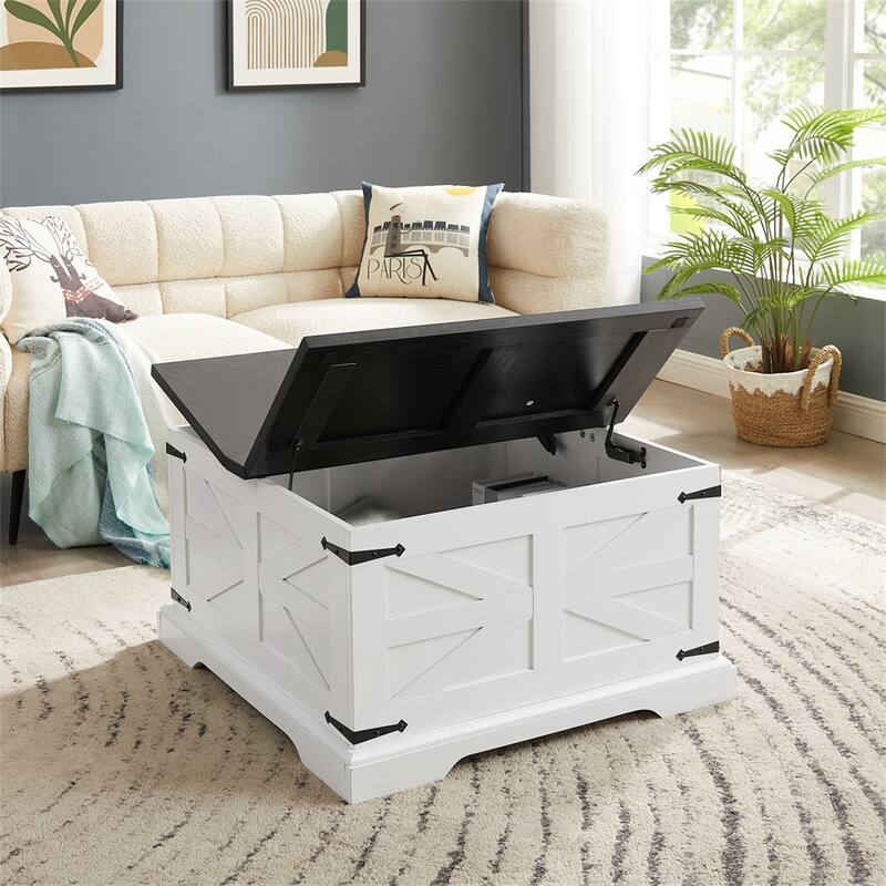 Farmhouse Coffee Table, Square Wood Center Table with Hidden Storage