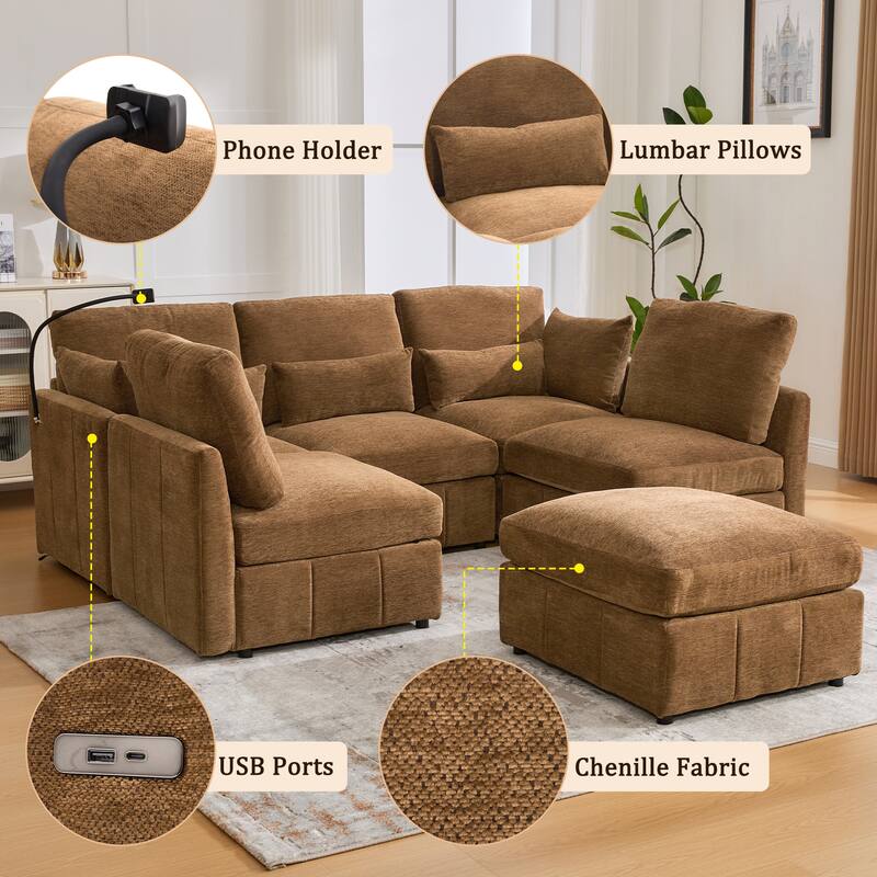 U Shaped Modular Sectional Sofa with Movable Ottoman, Chenille Upholstered 5-Seater Sofa with 2 USB Ports & Phone Holder