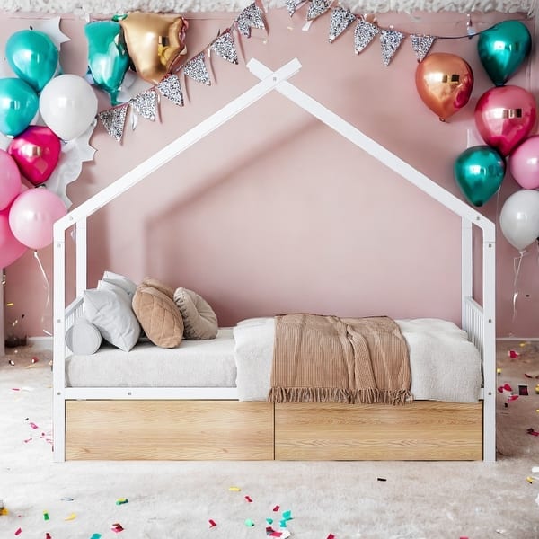 slide 2 of 14, Metal Twin Size House Bed with Two Drawers,Kids Bed Design White