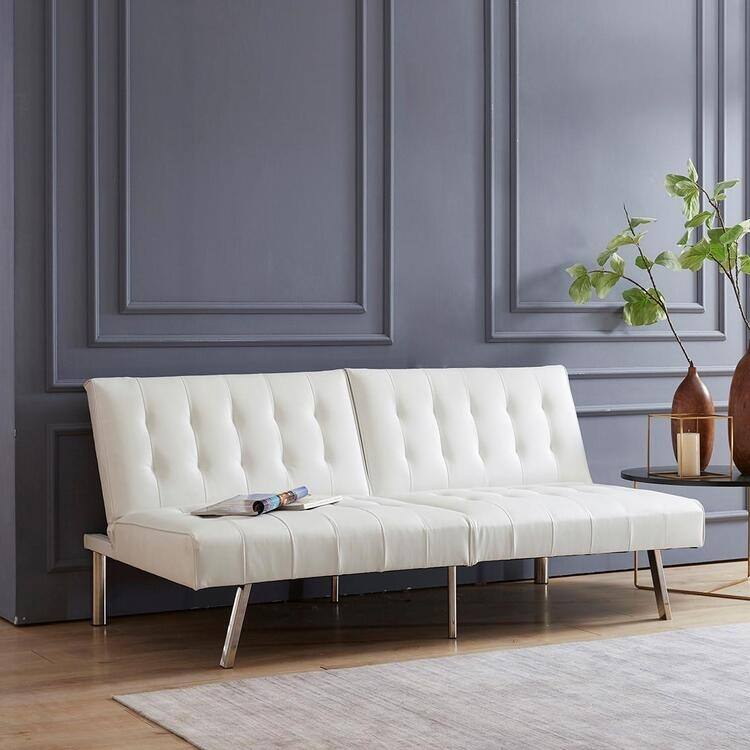 Tufted Mid-Century Modern Split Back Futon Sofa Couch Bed with Chrome Legs