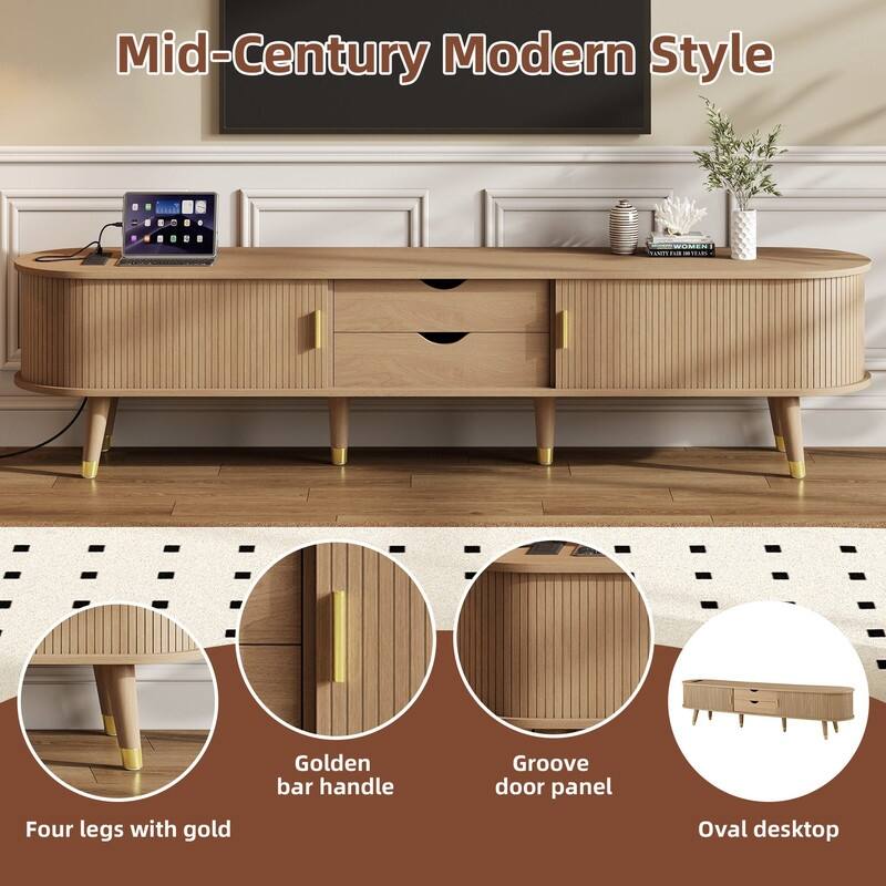 Mid-Century Modern Fluted TV Stand with Charging Station and Ample Storage for TVs Up to 80"
