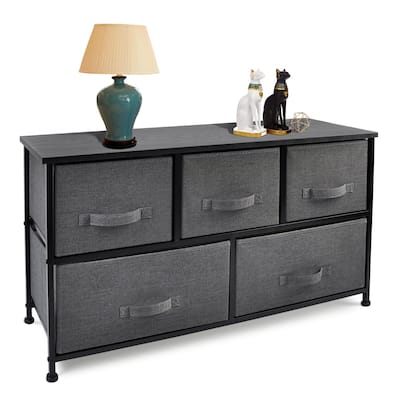 HomeRoots 39" Black And Dark Fabric and Steel Accent Chest With Two Shelves And Five Drawers - 39.3