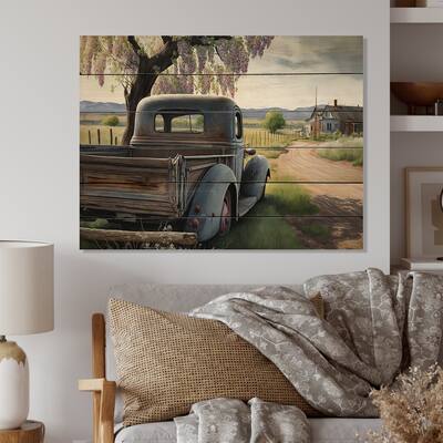 Designart 'Old American Truck In Barn IV' Barn Farm Ranch Wood Wall Art - Natural Pine Wood