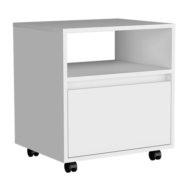 Mobile Nightstand with Drawer, Open Shelf, and Casters in White