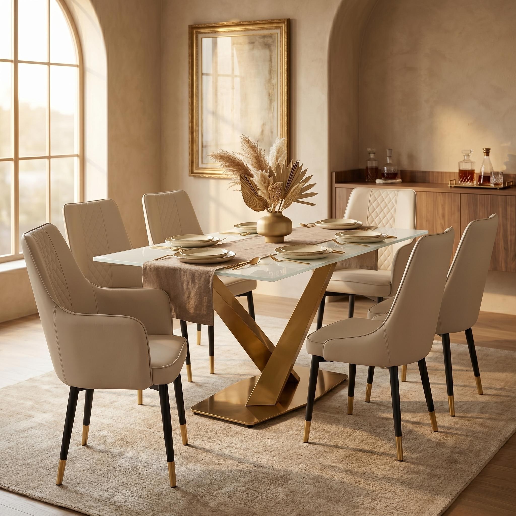 Allure Modern PU Leather Dining Chair, Diamond Tufted Accent Armchair with Gold Tipped Steel Legs