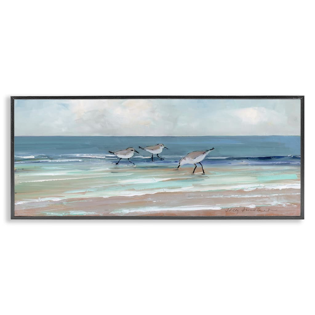 Stupell Panoramic Sandpipers Birds Shoreline Ocean Landscape Painting Framed Wall Art - Blue