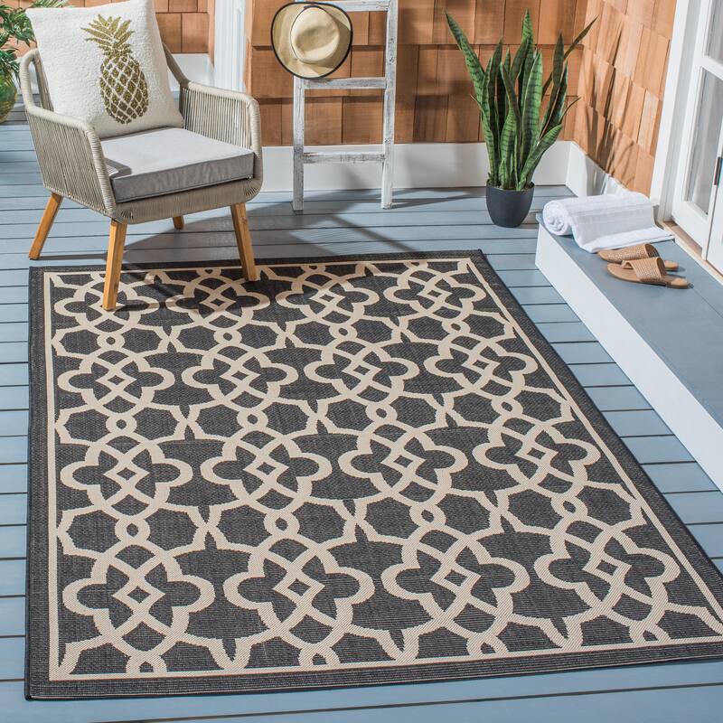 SAFAVIEH Courtyard Marline Indoor/ Outdoor Waterproof Patio Backyard Rug - 4' x 5'7" - Black/Beige