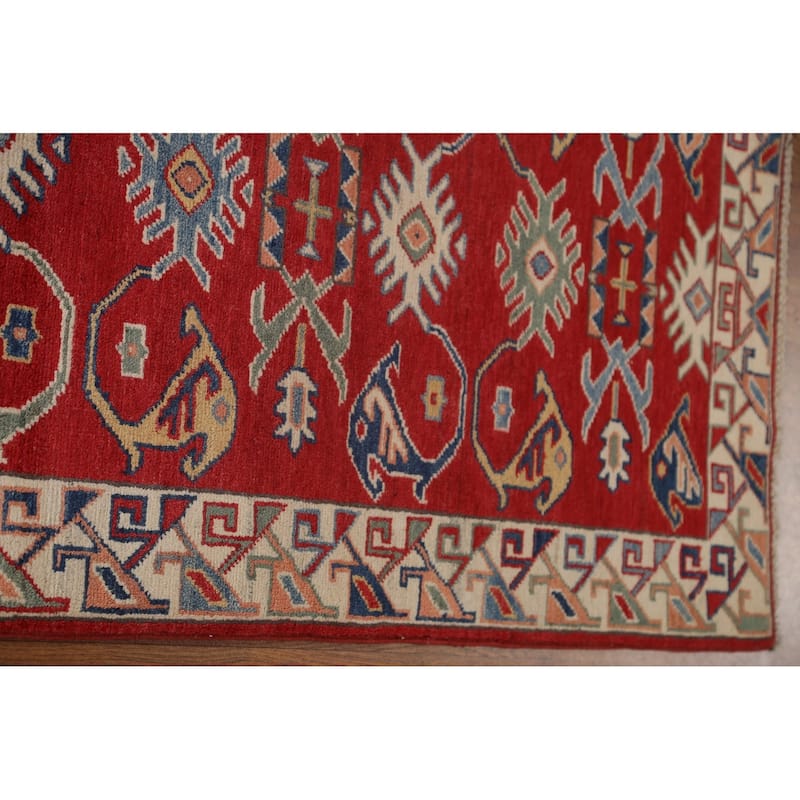 Red Geometric Kazak Oriental Traditional Wool Runner Rug Hand-knotted - 2'8" x 9'8"