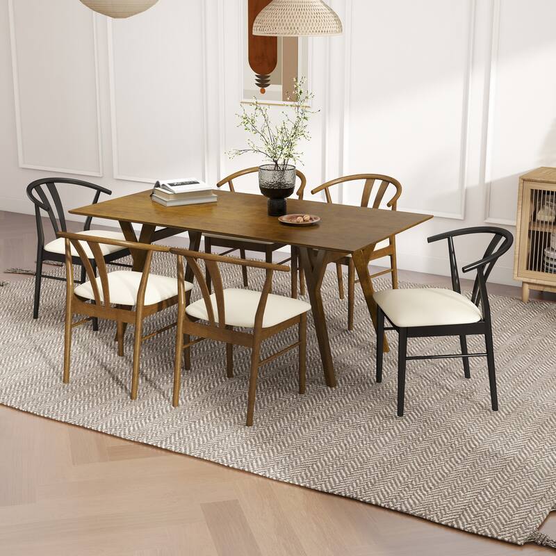 Roundhill Furniture Lavin Modern 7-Piece Dining Set, Wood Dining Table with 6 Curved Back Chairs