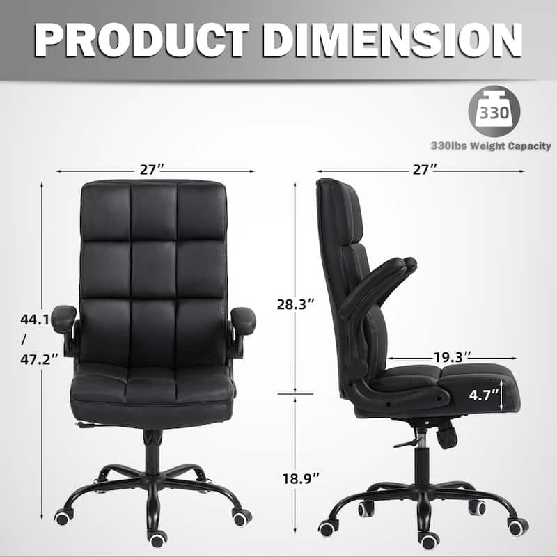 EROMMY Mid-Century Modern Leather Office Chair with Wheels, Ergonomic Rolling Desk Chair, Flip-Up Arms.