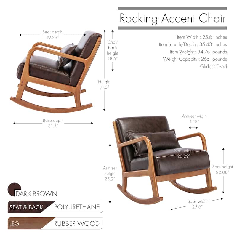 Porthos Home Juni Rocking Accent Chair with Pillow, PU Upholstery, Rubberwood Legs