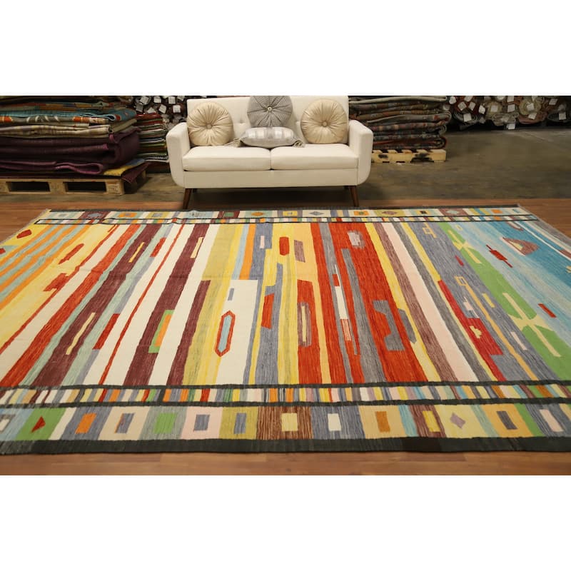Hand Woven Oriental 100% Wool Carpet Southwestern Modern Multi-Colored Kilim Area Rug - 12' 10'' X 9' 11''