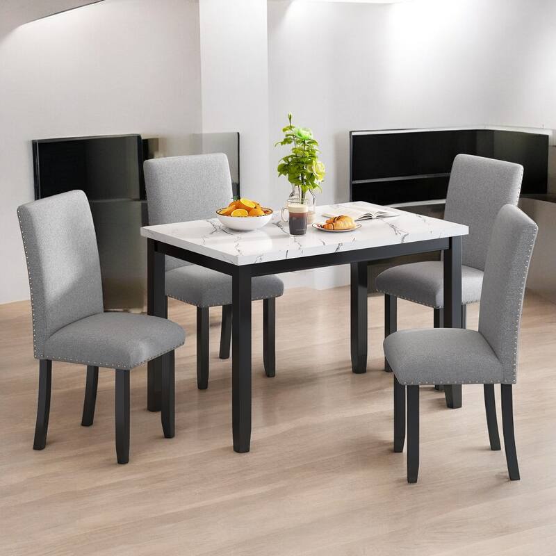 5-Piece Dining Set with Faux Marble Tabletop and 4 Upholstered Chairs, Solid Wood Frame Kitchen Table Set for Dining Room - Black+Grey,White+Black