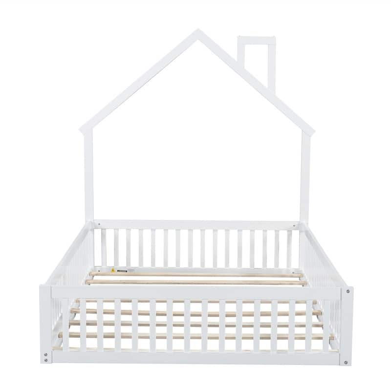 Full Size Montessori Floor Bed with Door and Safety Guardrails, Wood House-Shape Headboard House Floor Bed with Fence for Kids