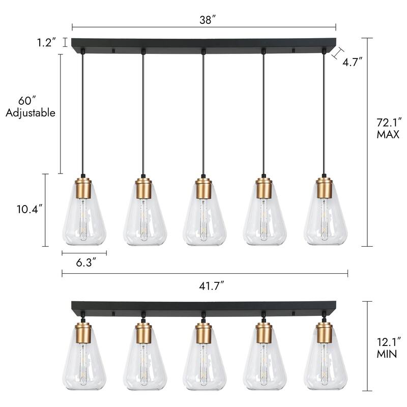 Modern Farmhouse 5-Light Black Gold Chandelier Linear Design with Clear Glass Kitchen Island Light for Dining Room