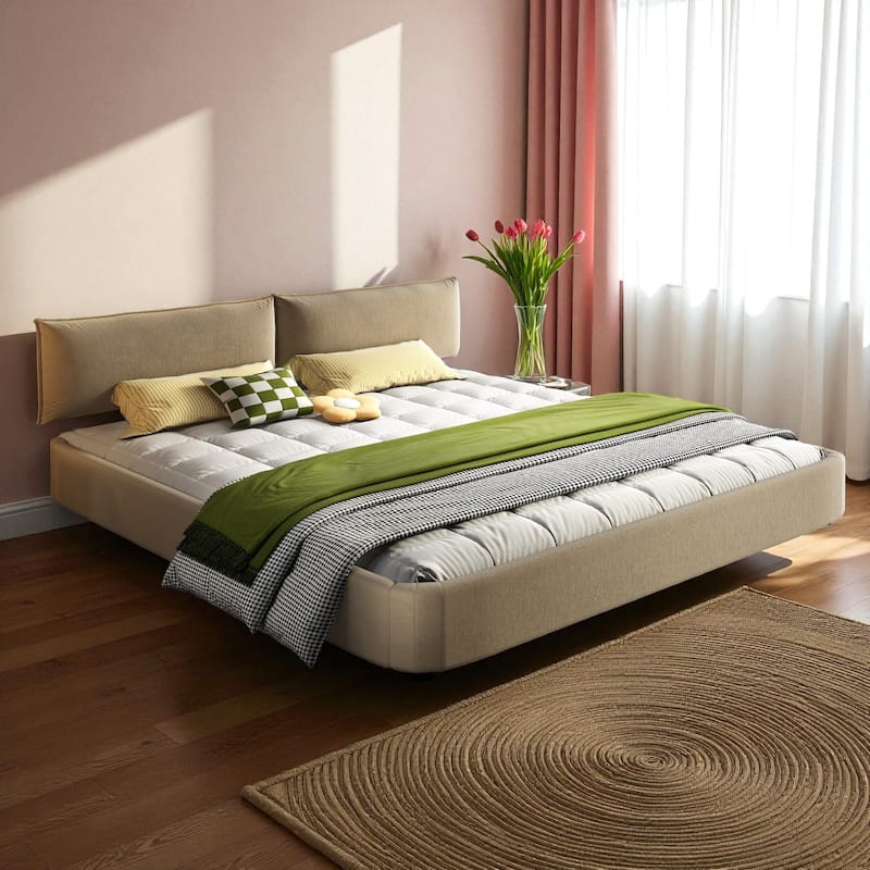 King Size Cloud Bed Frame with Oversized Movable Headboard, Chenille Upholstered Platform Bed with Metal & Wood Support - Camel - King