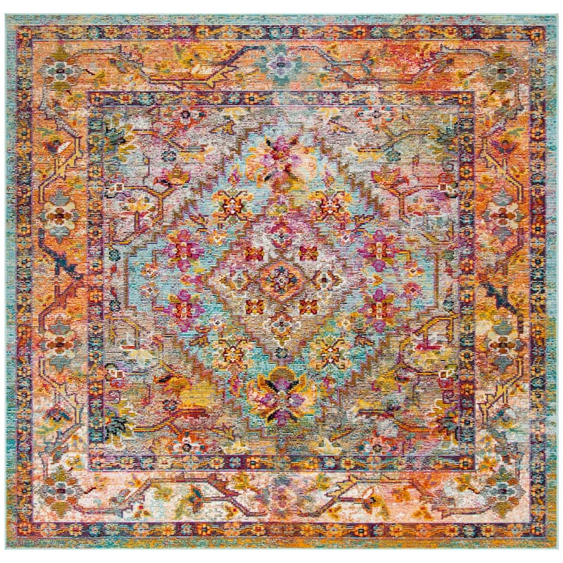 SAFAVIEH Crystal Aili Vintage Boho Oriental Rug - 7' Square - Light Blue/Orange - Square