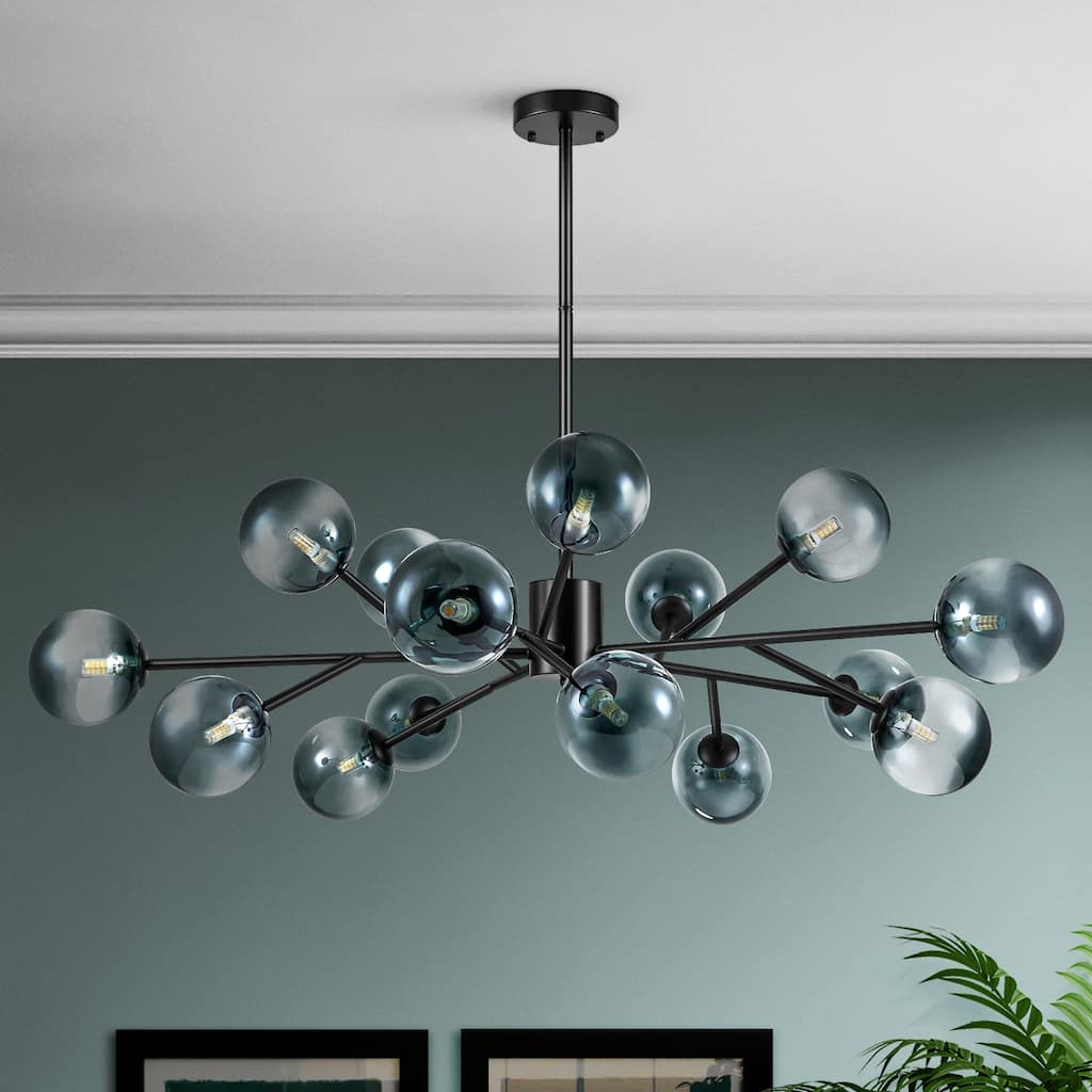 15-Light Modern Gold Sputnik Linear Bubble Chandelier with Glass Globes, Dining Room Light