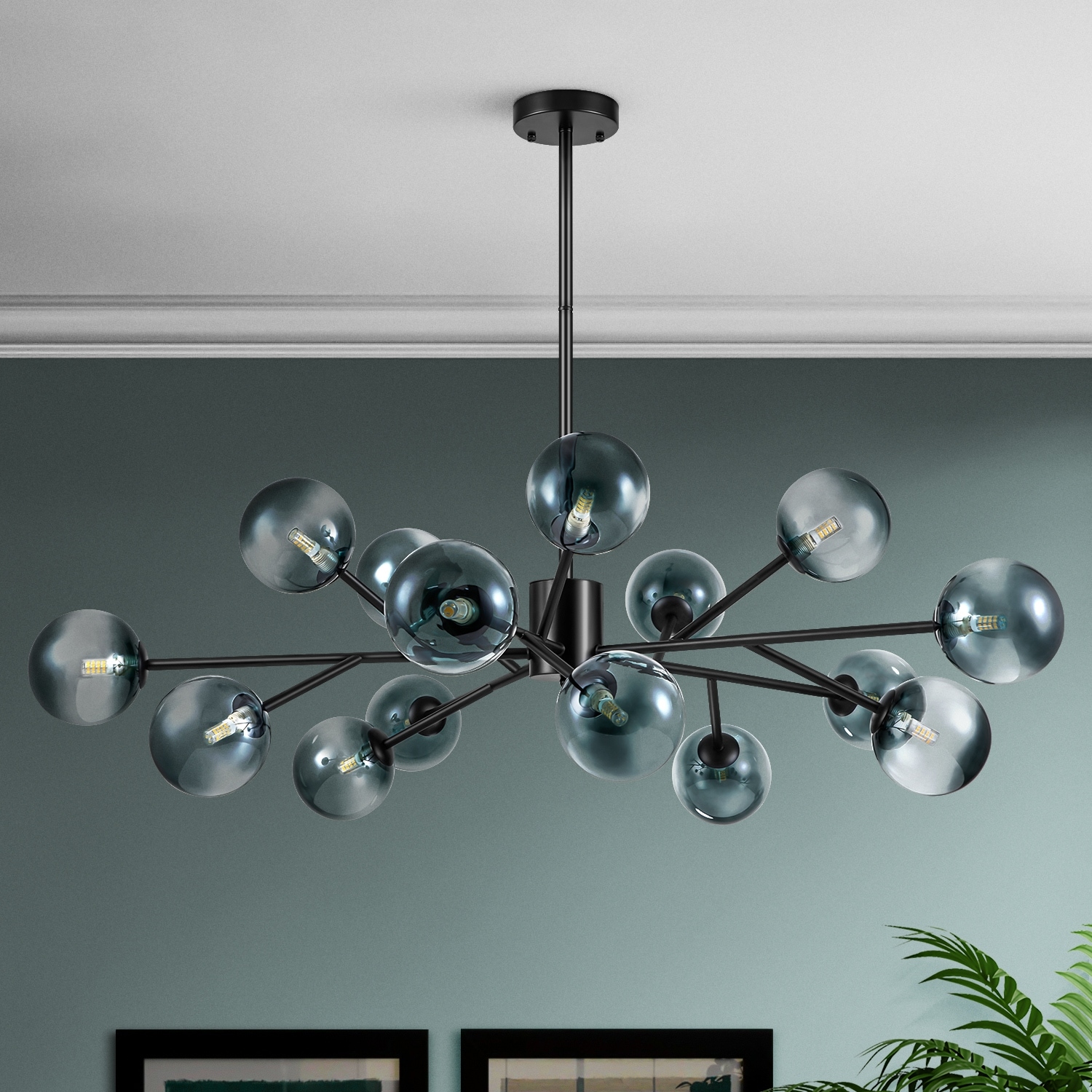 15-Light Modern Gold Sputnik Linear Bubble Chandelier with Glass Globes, Dining Room Light