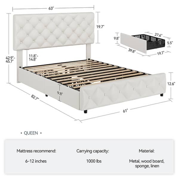 Faux Leather Bed Frame with 4 Storage Drawers and Adjustable Headboard ...