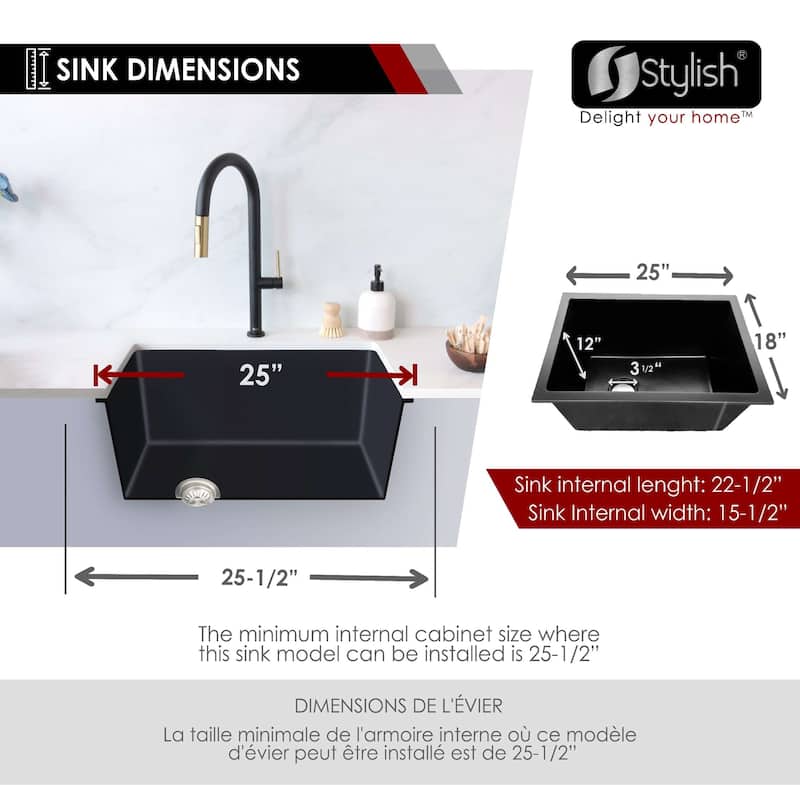 STYLISH 25 inch Single Bowl Dual Mount Composite Granite Utility Sink