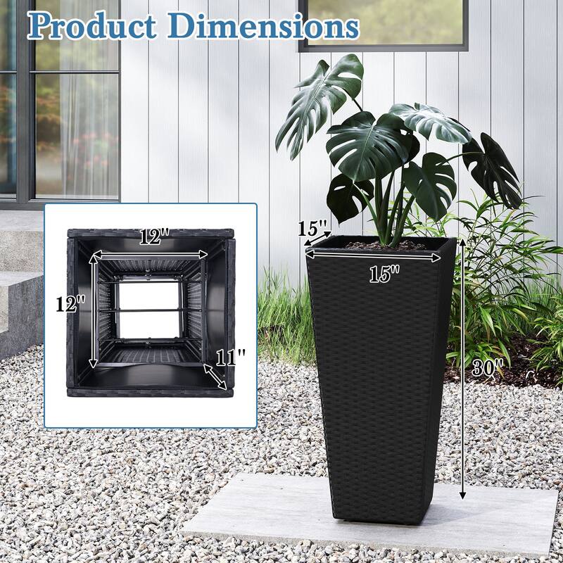 Black PE Rattan Metal Tall Planter Set of 2 with Drainage and Liner for Patio - 15" x 15" x 30" (L x W x H)