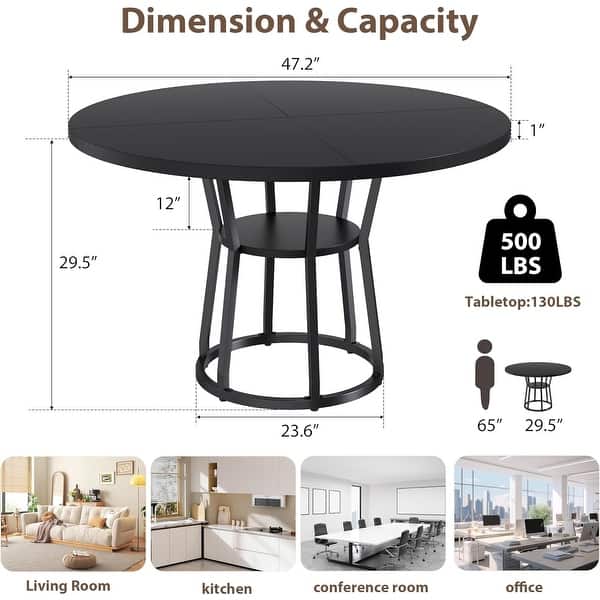 dimension image slide 3 of 4, Round Dining Table for 4-6, 47.2" Farmhouse Kitchen Table with Storage, Circle Dinner Tables - N/A