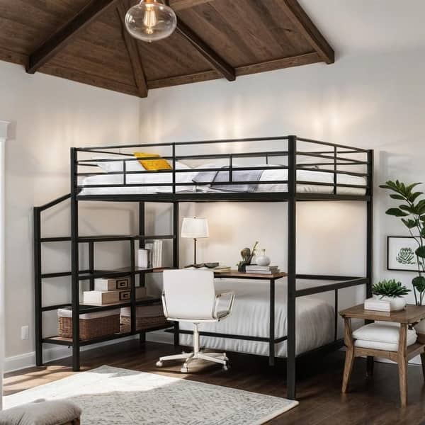 slide 2 of 13, Industrial Modern Full Size Metal Loft Bed with Desk and Lateral Storage Ladder, Sturdy Construction & Safety Guaranteed, Black Black