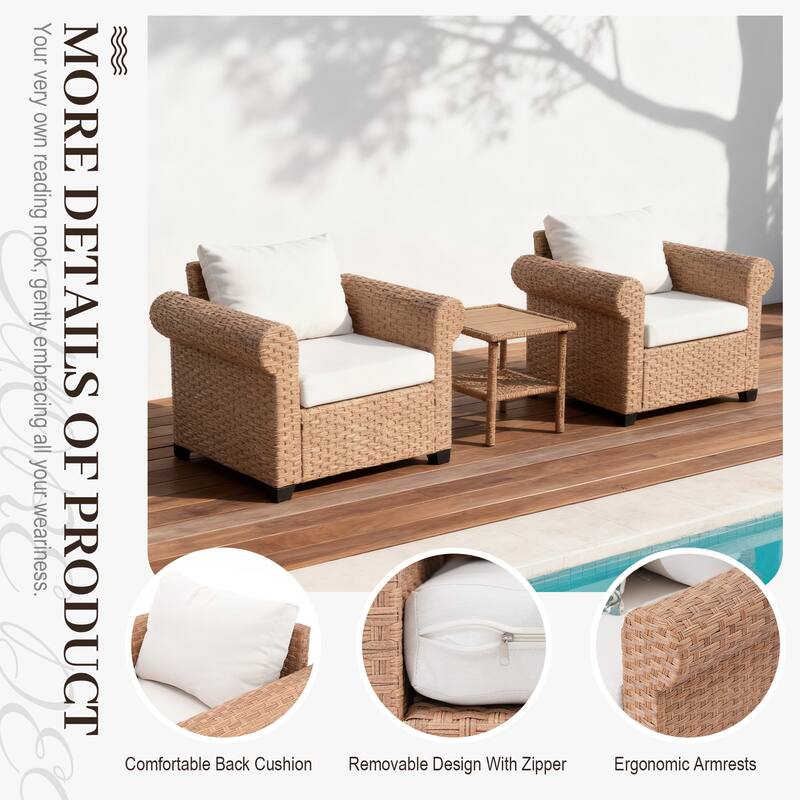 Outdoor Wicker Patio Conversation Set with 2 Armchairs & Side Table