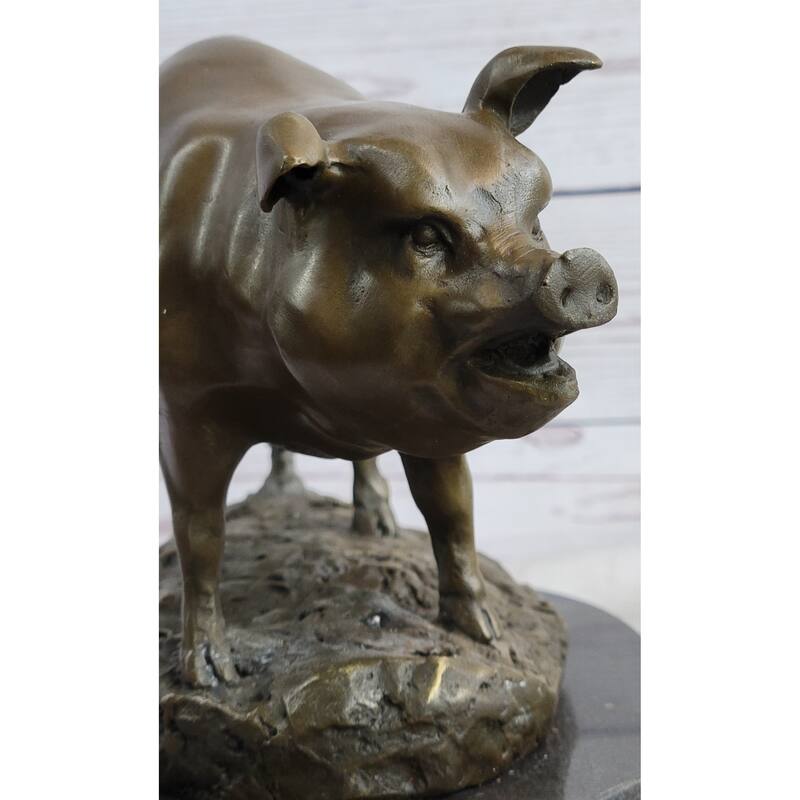 Cute Pig Hog Farm Animal Bronze Metal Statue Sculpture Figurine Decor Signed Art