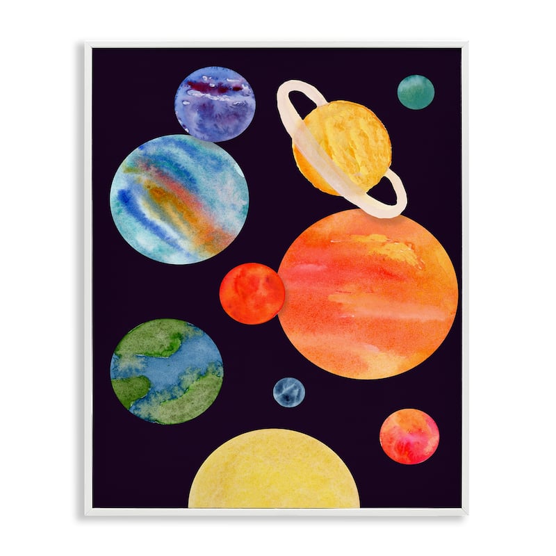 Stupell Watercolor Planets on Black Framed Giclee Art Design By Corinne Rose Designs - 16 x 20 - White