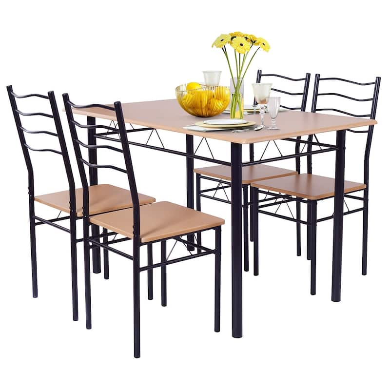5 pcs Wood Metal Dining Table Set with 4 Chairs - Natural
