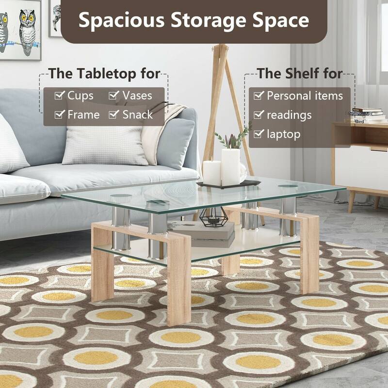 Rectangle Glass Coffee Table with Metal Legs for Living Room - 39" x 23.5" x 17.5"
