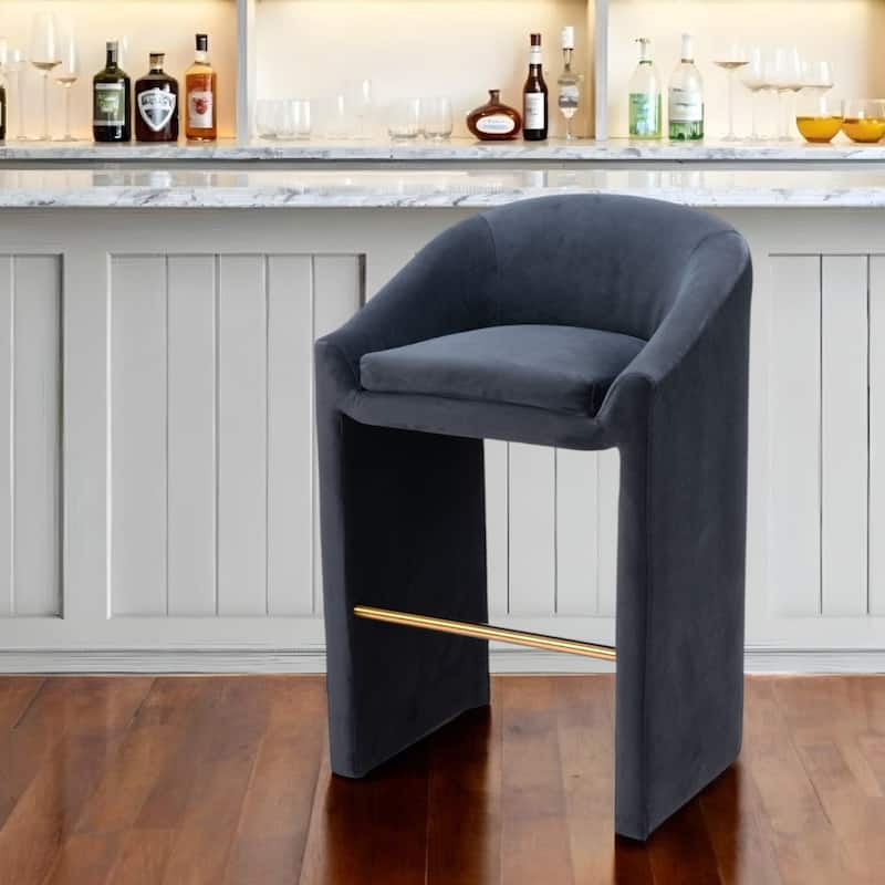 30" Gray And Gold Velvet And Steel Low Back Bar Height Bar Chair - Gray