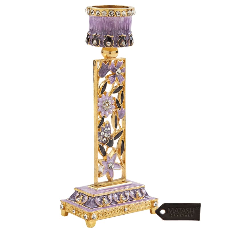 Matashi Shabbat Candlestick (2-Piece Set) Hand-Painted, Gold-Plated Pewter | Adorned w/ Pomegranates and Flowers (Purple)