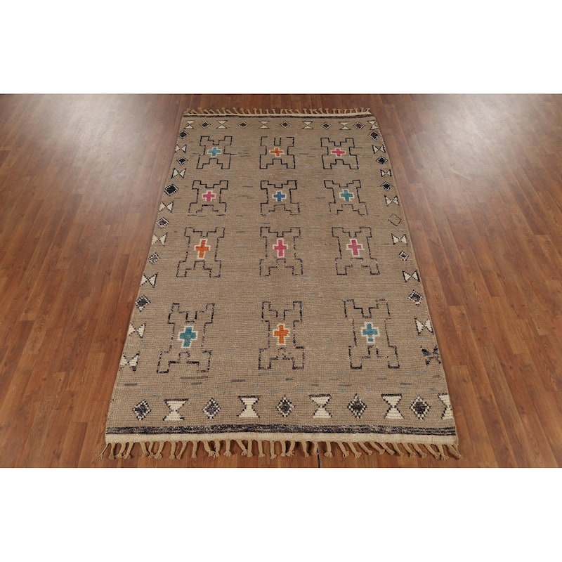 Brown Moroccan Oriental Area Rug Handmade Wool Carpet - 5'0"x 8'11"