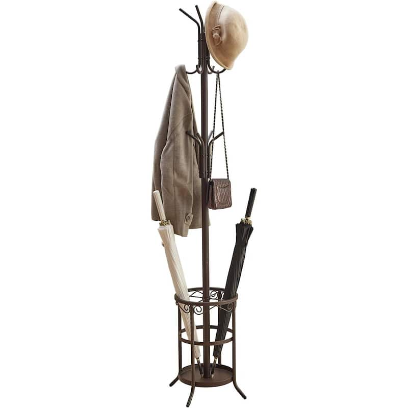 70.5” Tall Metal Entryway Coat Rack Hall Tree with 12 Hooks and Umbrella Stand for Home or Office - 11.2"D x 11.2"W x 70.5"H