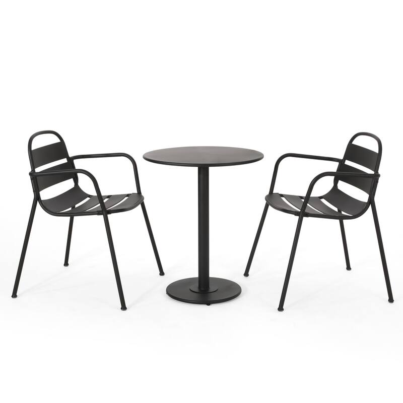 Sleek 3-Piece Outdoor Bistro Set with Powder-Coated Metal Frame, Matte Finish Table & Open Slat Chairs for Patio or Garden