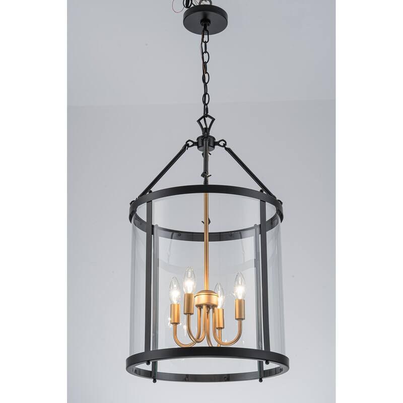 4 - Light Farmhouse Lantern Glass Drum Chandelier for Entryway - Clear Glass - BlackGold