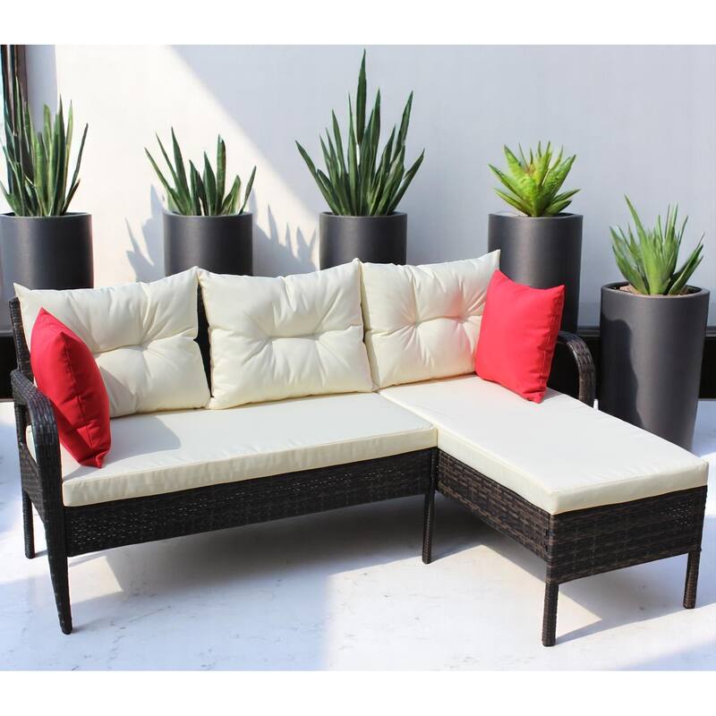2-Piece Outdoor PE Wicker Sectional Sofa Set with Two-Seater & Lounger, Beige Cushions,Rattan Patio Furniture set - Rattan - Brown