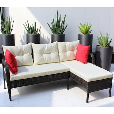 2-Piece Outdoor PE Wicker Sectional Sofa Set with Two-Seater & Lounger, Beige Cushions,Rattan Patio Furniture set - Rattan